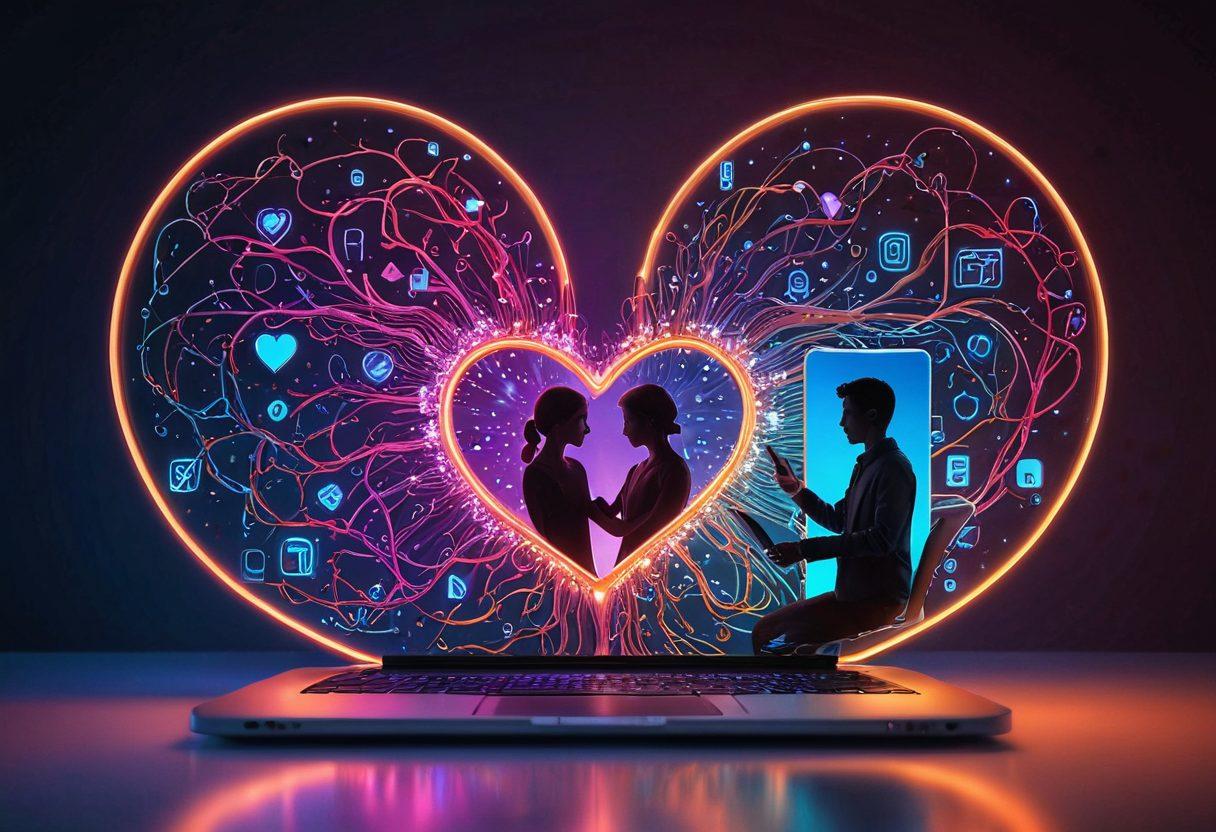 A whimsical digital heart intertwined with glowing circuits, symbolizing the fusion of love and technology. In the background, silhouettes of couples connecting through smartphones and laptops, surrounded by vibrant hearts and emojis. A soft, warm color palette evokes feelings of affection and devotion. super-realistic. vibrant colors. soft focus.