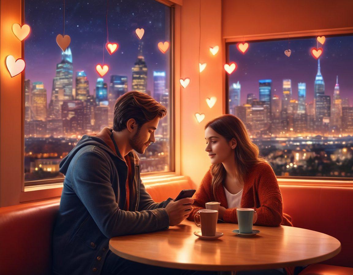 A modern couple sitting together in a cozy cafe, each engrossed in their smartphones, but with heart-shaped icons floating around them symbolizing virtual love. The background features a city skyline at dusk, with glowing lights representing the digital world. Warm colors evoke a feeling of connection despite the technology. super-realistic. vibrant colors. intimate atmosphere.