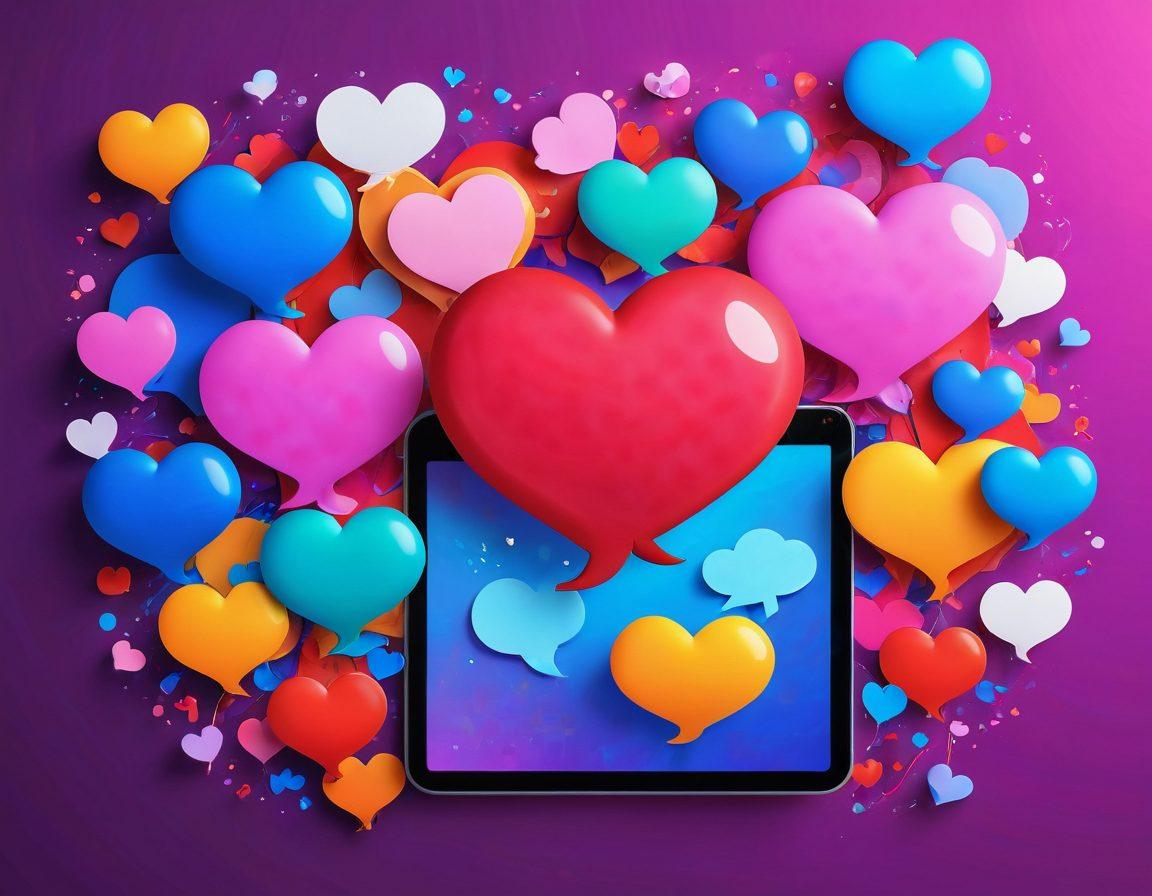 A conceptual illustration of interconnected hearts and digital chat bubbles representing online relationships. Incorporate vibrant colors to symbolize affection and connection, with a backdrop of abstract patterns resembling social media interfaces. Include subtle elements like smartphones and glowing notifications to emphasize the role of RCS. The style should evoke warmth and positivity. super-realistic. vibrant colors. 3D.